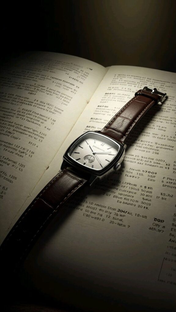 a watch on opened book with black leather band
